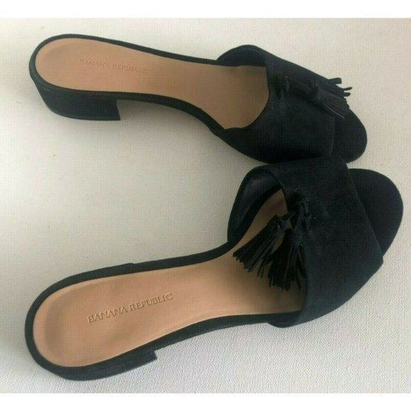 Banana Republic Black Low Heel Tassel Slide Suede Sandal Sz. 8.5 - Picture 1 of 5